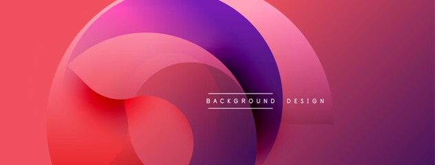 Abstract design features overlapping circular shapes. Colors transition from vibrant red to deep purple, creating dynamic visual effect. Modern, smooth gradients dominate composition.