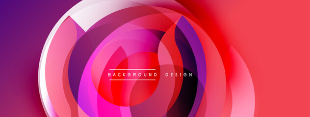Abstract circular layers create vibrant gradient effect. Pink, purple, red hues blend seamlessly. Modern design suitable for backgrounds, presentations.