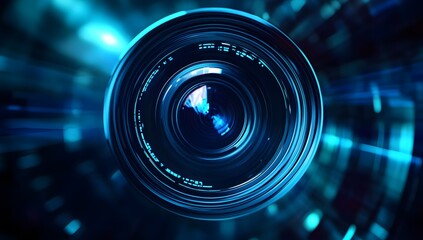 Camera lens close-up with blue light effects and bokeh background.