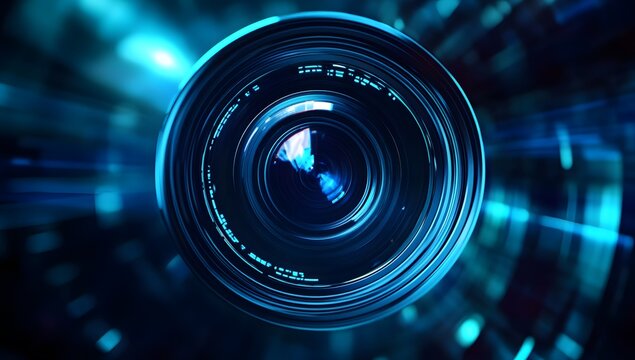 Camera lens close-up with blue light effects and bokeh background. - Powered by Adobe