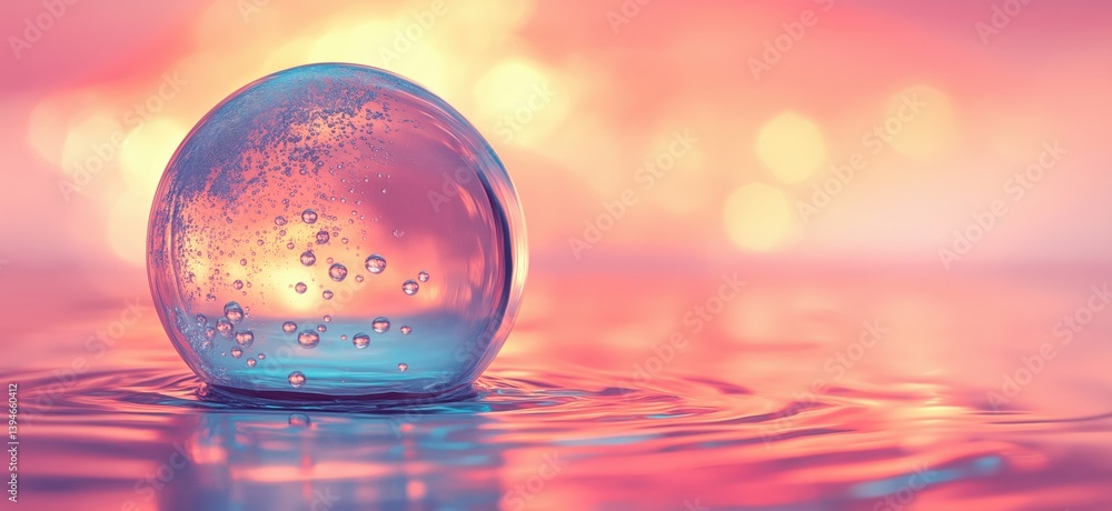 Poster colorful bubble floating on water surface with soft bokeh background