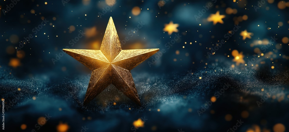 Poster golden star on dark background with sparkling bokeh effects and soft textures