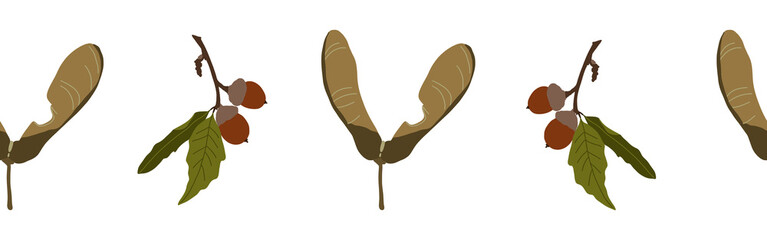 Border leaves and nuts on a white background. Hand-drawn illustration. Perfect for spring and summer.	