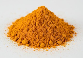 Close up shot displaying a pile of vibrant yellow turmeric powder against a white background surface