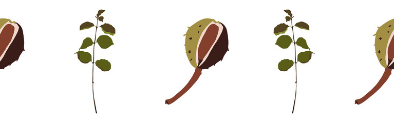 Border leaves and nuts on a white background. Hand-drawn illustration. Perfect for spring and summer.	