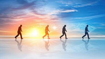 Evolution of humans captured in gigapixel frame sunrise landscape conceptual art futuristic environment