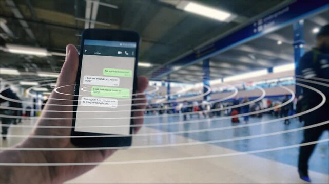 Looking at a phone at a train station with the radio signal visualized.
Hand holding a phone composited onto a moving camera shot through a train station concourse with stylized radio waves.