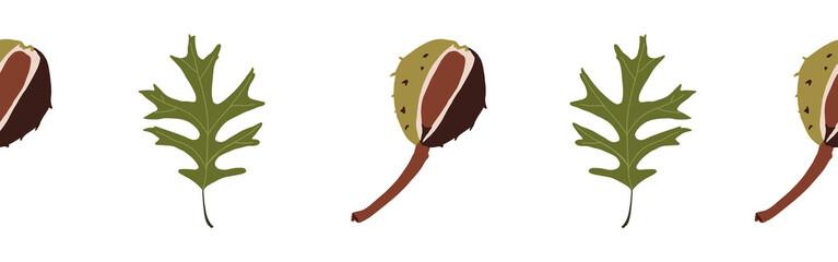 Border leaves and nuts on a white background. Hand-drawn illustration. Perfect for spring and summer.	