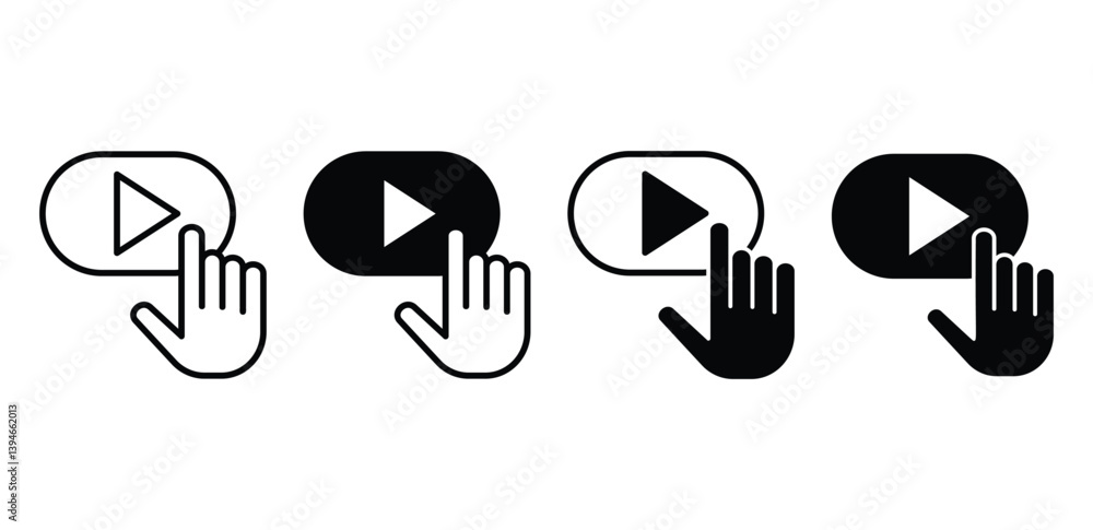 Poster play button icon set black and white hand cursor clicks on oval video player buttons vector design