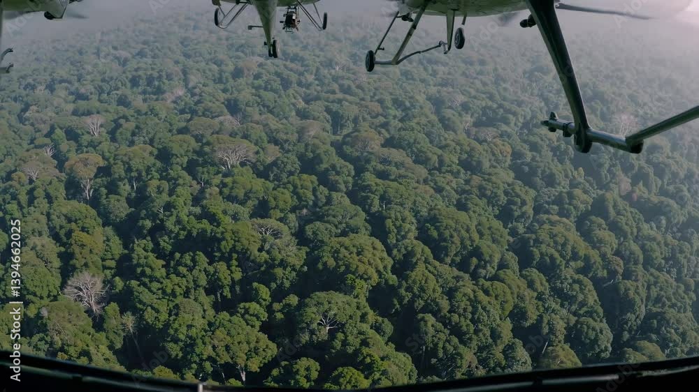 Poster exploring the lush canopy of the rainforest from above during a serene morning flight