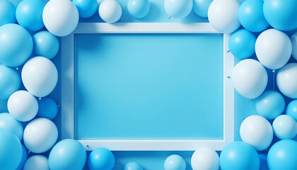 A bright, festive blue background with white and blue balloons surrounding a central frame, Mother's day background