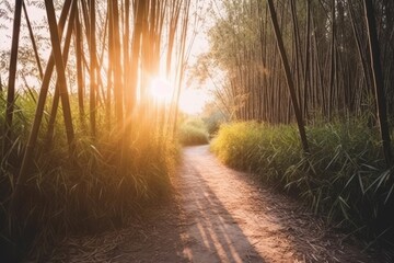 Obraz premium Path through bamboo forest with sun shining. Natural green landscape. Beautiful sunlight in outdoors