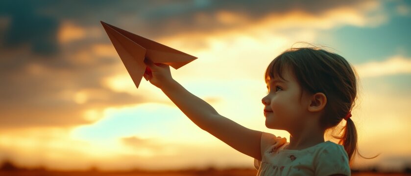 A child, eyes full of wonder, holds a paper plane aloft against a sunset sky, capturing dreams and the spirit of youthful adventure.