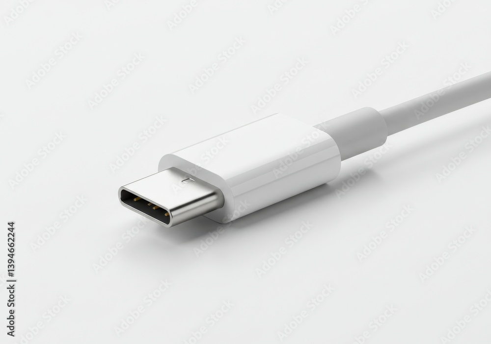 Poster close up of a white usb type c connector and cable on a white surface in a studio setting