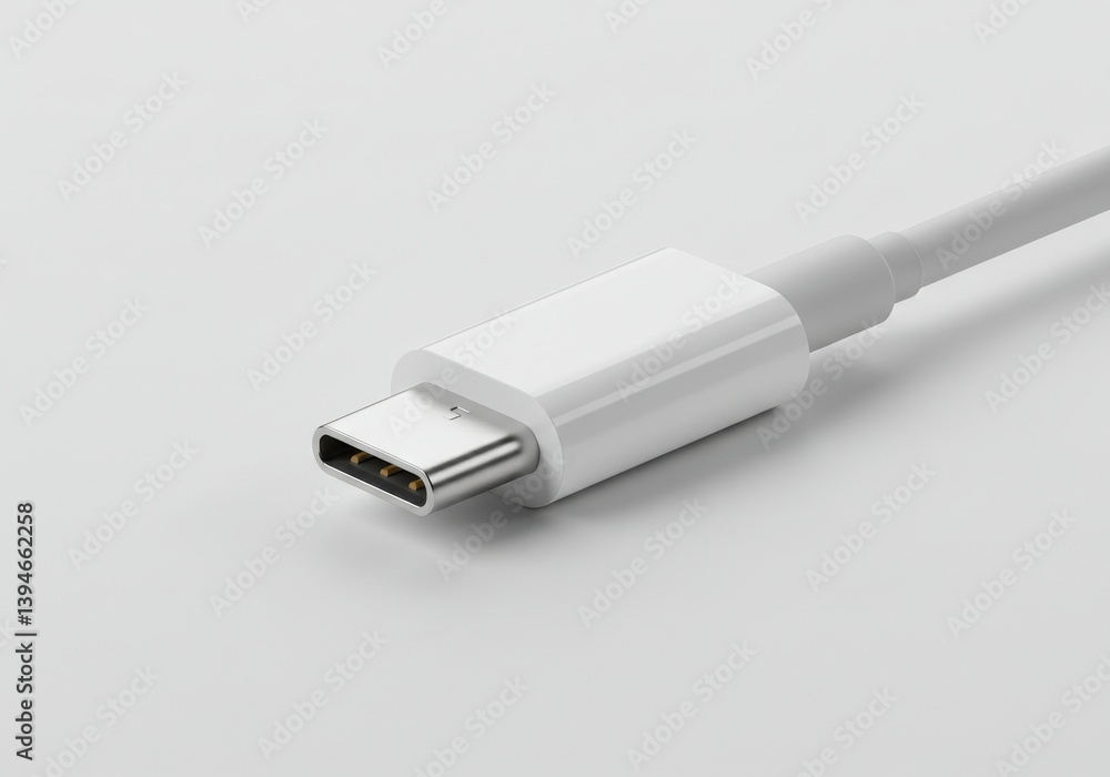 Poster close up of a white usb type c connector and cable on a white surface in a studio setting