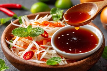 Papaya verde y ensalada fresca tropical con aderezo especial en un bol de madera