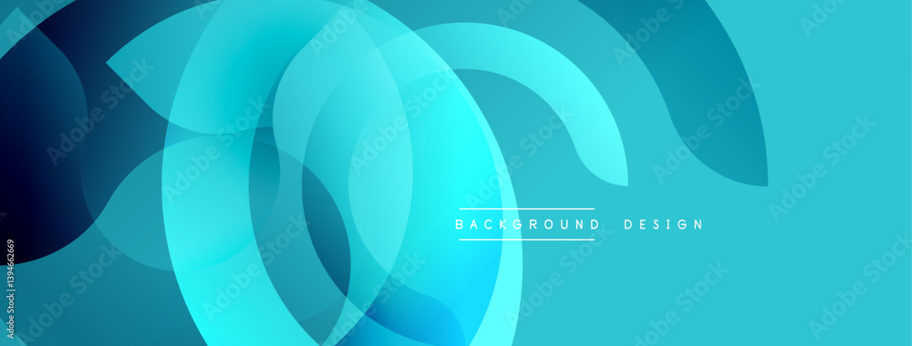Poster Abstract background features overlapping translucent circles. Shades range from deep teal to vibrant turquoise creating dynamic visual flow. Modern design element.