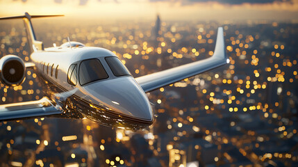 Fototapeta premium sleek private jet flying over city skyline sunset, showcasing luxury and modern design. vibrant city lights create stunning