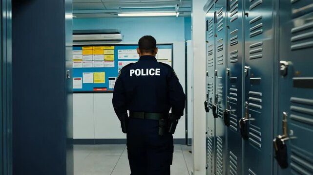 Police in the police station locker room.