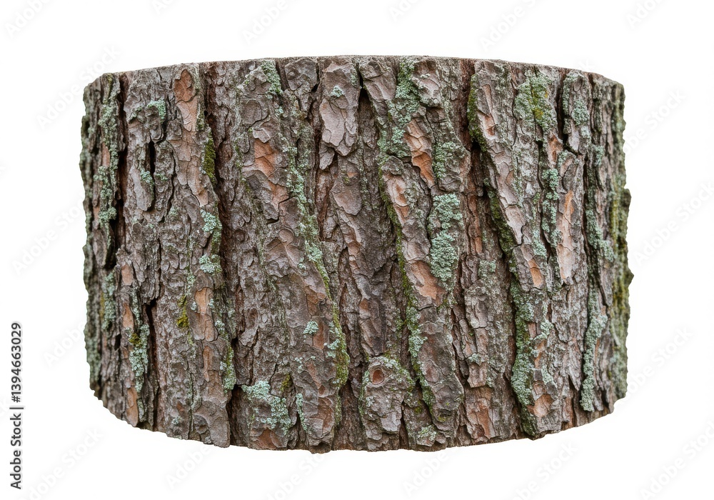 Aufkleber a close up view of a tree stump with bark and some green moss on a white isolated background studio 