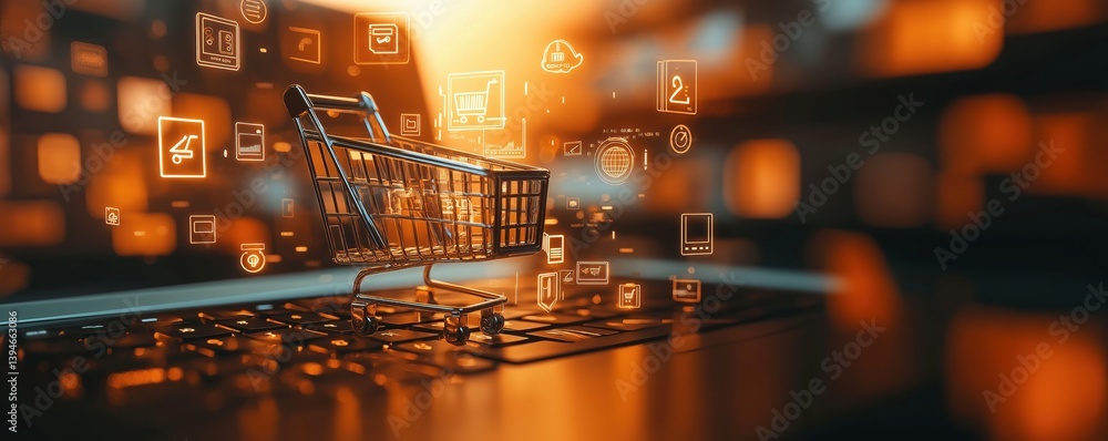 Aufkleber digital shopping cart on keyboard with e-commerce icons and glowing technology background
