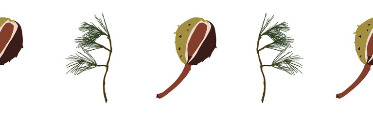 Border leaves and nuts on a white background. Hand-drawn illustration. Perfect for spring and summer.	