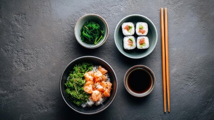 A vibrant sushi bowl with fresh salmon, sushi rolls, and green garnish.