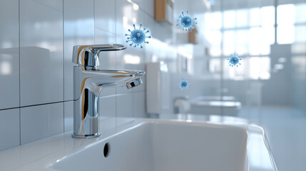 Fototapeta premium modern bathroom sink with sleek faucet, showcasing floating bacteria and viruses in air, highlighting cleanliness and hygiene concerns in public restrooms