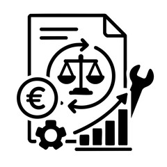 icon shows financial balance, euro costs, legal regulation, technical tools, and data trends focused on growth, maintenance, and economic adjustment.