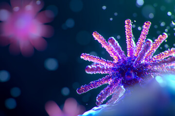vibrant microscopic view of colorful organism with spiky structures, showcasing intricate details and dreamy background