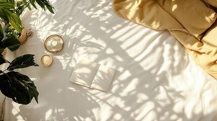 Sunlight streams through plants onto a bed, showcasing a peaceful scene