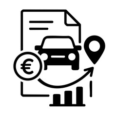 icon represents car-related expenses, financial documents, euro pricing, location tracking, and data trends in mobility, transport, and vehicle costs.
