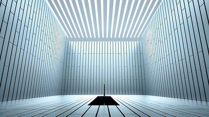 A minimalist, light-filled space with a central, dark well.