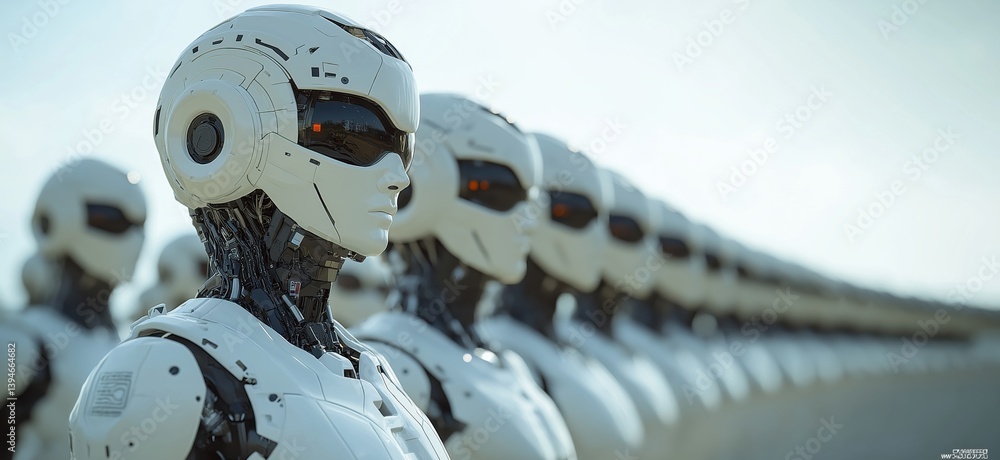 Poster futuristic army of humanoid robots lined up in formation showcasing advanced technology