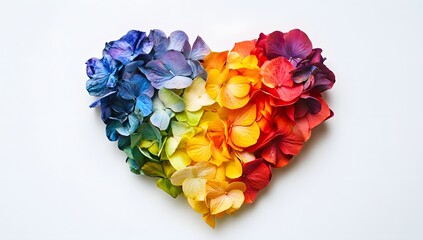 Rainbow colored flower petals arranged in a heart shape on white background.