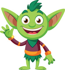 Cheerful cartoon goblin character waving hand and smiling. Friendly fantasy creature with green skin and big ears. Fun flat style illustration for kids' games, books, stickers, or character design. Is
