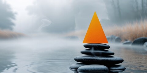 Orange Triangle on Stacked Dark Stones in a Misty River.