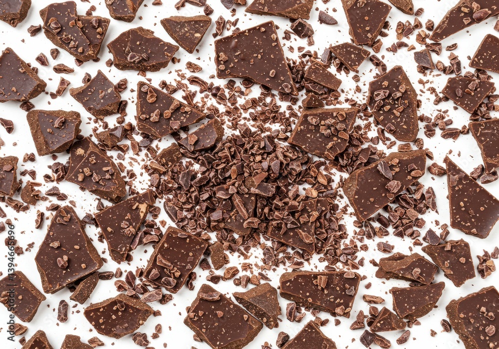 Poster a scattered array of dark chocolate chunks and shavings on a clean white surface overhead shot view