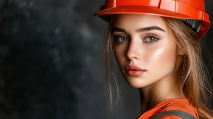 A young woman wearing an orange hard hat and safety gear poses confidently against a dark background, This image can be used for construction, safety campaigns, or promoting women in trades,