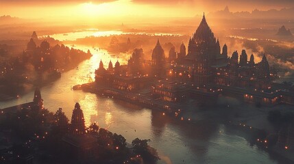 Obraz premium Sunrise over ancient city by river