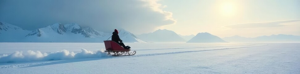 A lone figureless sled gliding across a frozen plain, stillness, slow
