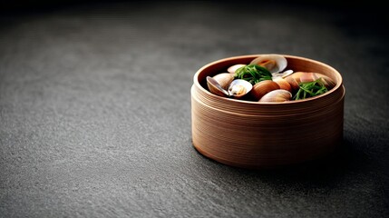 Delicious seafood served in a traditional bamboo steamer on a dark background.