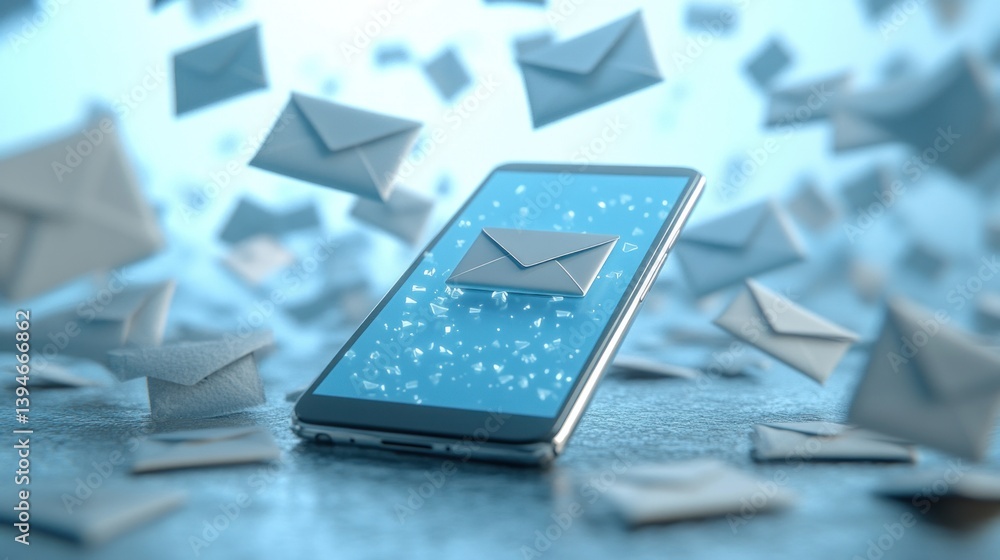 Aufkleber a smartphone features an envelope icon surrounded by floating email notifications in a vibrant digit