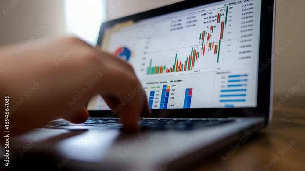 Poster analyzing market trends: a close-up shot of hand navigating on the laptop screen displays the intric