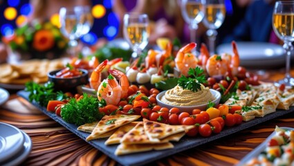 A vibrant close up of a festive appetizer platter with shrimp, veggies, and hummus, lively ambiance
