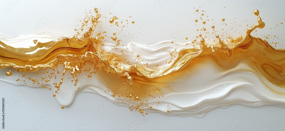 Poster golden liquid splash with white waves and bubbles creating dynamic abstract art