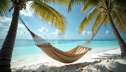 Naklejka premium Striped hammock hanging between palm trees on tropical beach
