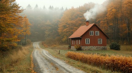 Autumn cabin nestled in fog
