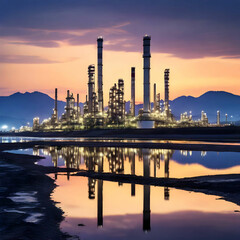 Fototapeta premium Oil Refinery at Twilight with Reflections
