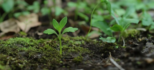 Green Seedling Emerging from Soil Surrounded by Moss and Other Plants